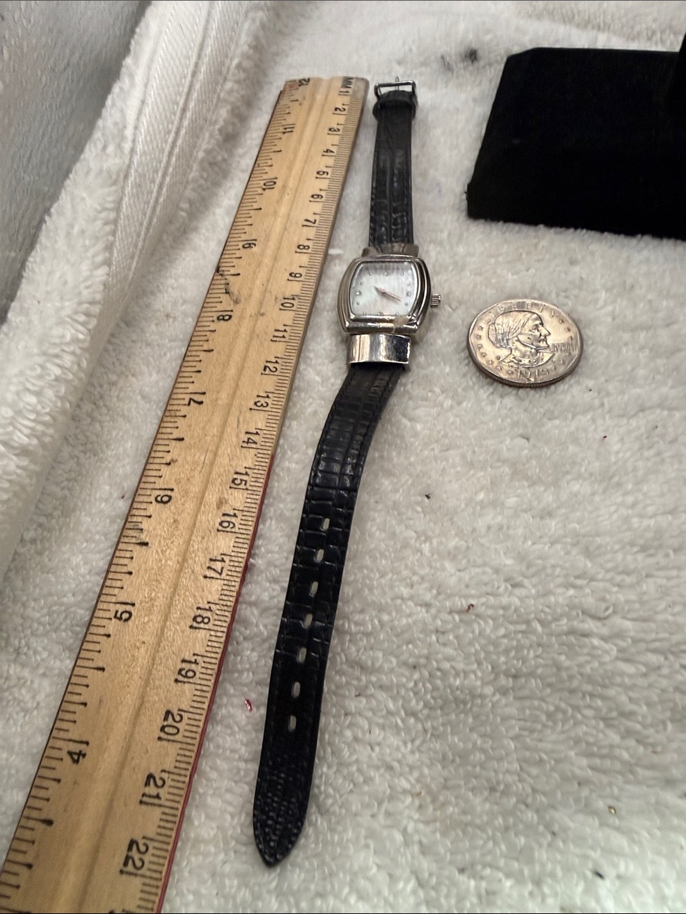 Women's Mary Kay’s Pearlized Black Leather Strap Watch